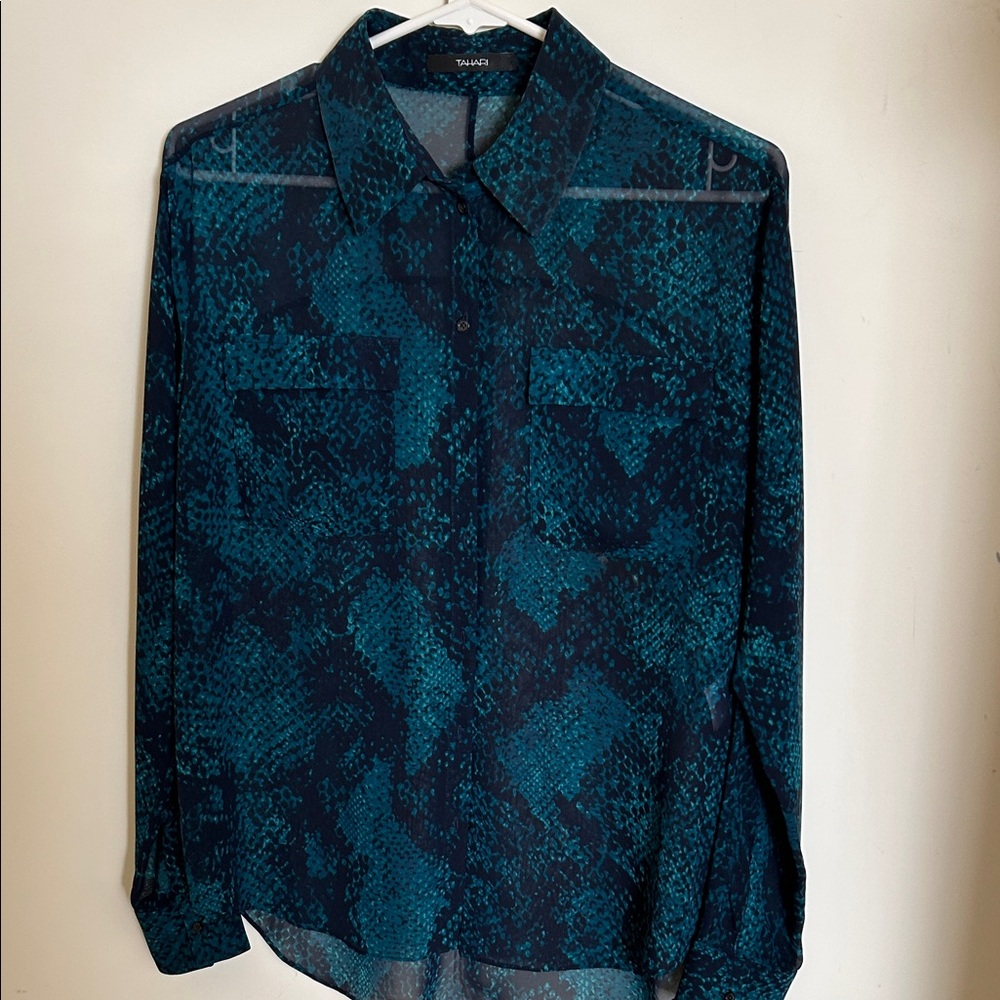 Tahari Blue Patterned Button Down Shirt